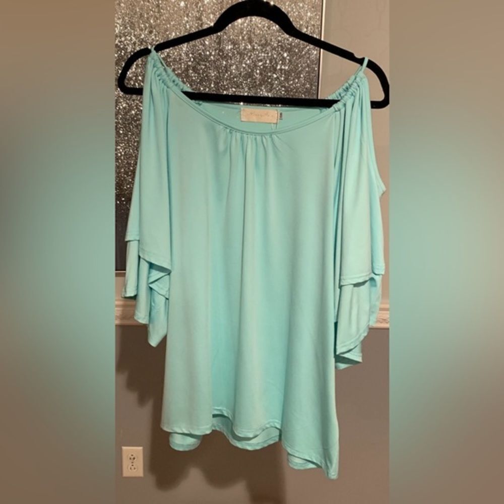🔴Merry Fun 2XL Soft Teal Cold Shoulder Sleeve Top
